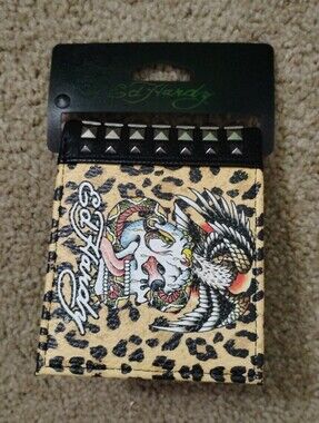 Ed Hardy Studded Cheetah Print Skull & Eagle Bifold Wallet
